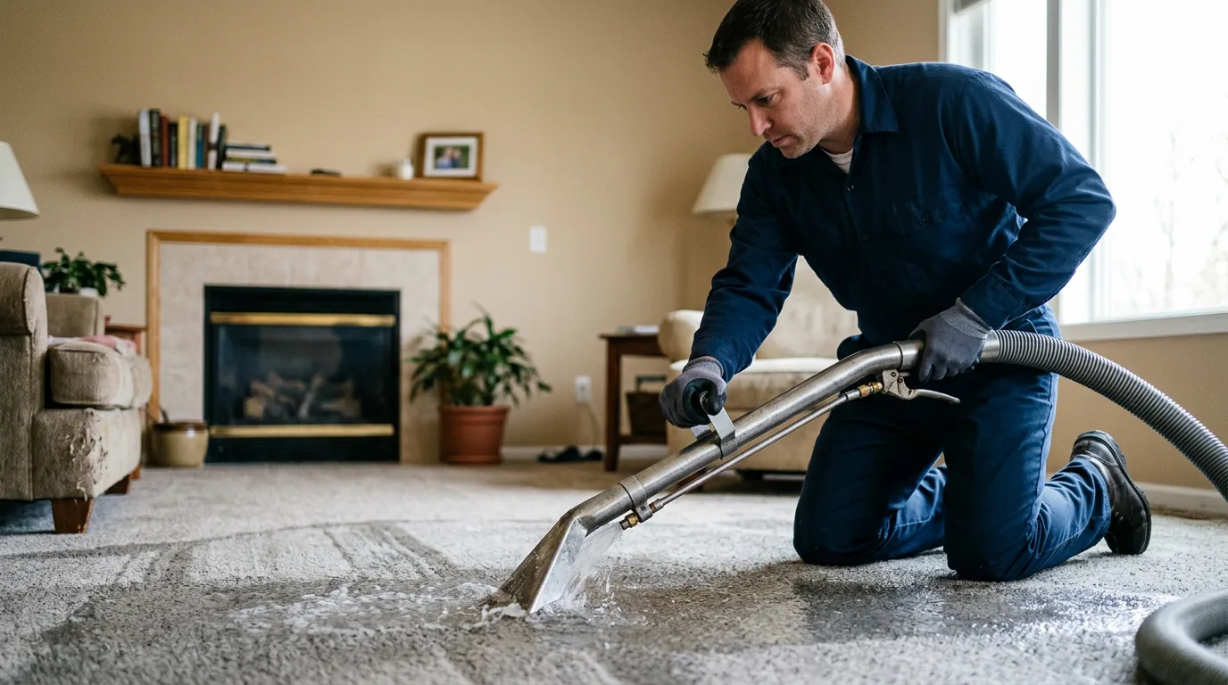 Water damage restoration technician working near Kewaskum, WI